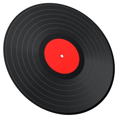 Black vinyl LP record with label isolated on white background. 3d render of musical long play album disc 33 rpm
