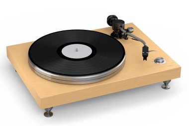 Vinyl record player or DJ turntable with retro vinyl disk on white background. 3d render of sound equipment and concept for sound entertainment.