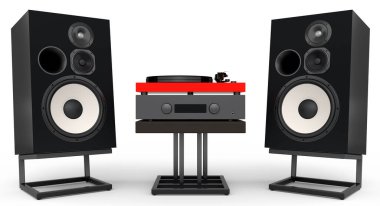 Hoparlörlü Hi-Fi hoparlörleri ve beyaz arka planda DJ pikabı. Ses kayıt stüdyosu için müzik kutusu ve vinil plak çalar gibi 3D ses ekipmanları oluştur