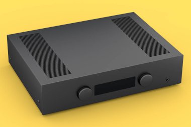 Pikablı HiFi sistemi ve sarı arka planda ev sineması için yükseltici. Dinleme müziği için 3d yorumlama konsepti