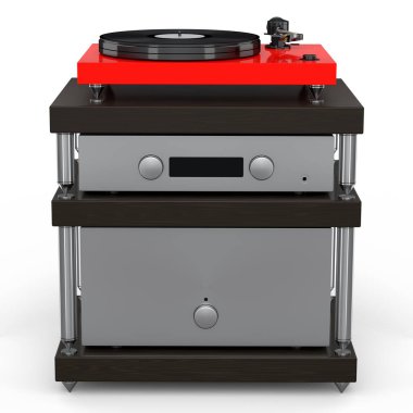 HiFi sistemi DJ döner tablosu ve amfisi beyaz arka planda ev sineması için hazır. Dinleme müziği için 3d yorumlama konsepti