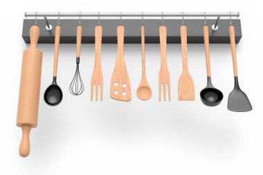 Beyaz arka planda rafta asılı duran hamuru hazırlamak için mutfak gereçleri. Aşçılık, harmanlama ve karıştırma için 3D pişirme süreci adım adım ve aksesuarları