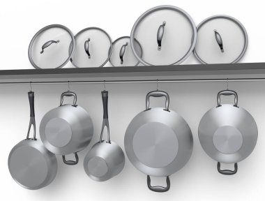 Paslanmaz çelik güveç seti, kızartma tavası ve krom kaplama alüminyum tencere kapağı beyaz arka planda rafta asılı. Yapışmayan mutfak gereçlerinin 3D görüntüsü