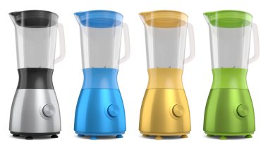 Beyaz arka planda izole edilmiş sağlıklı meyve püresi yapmak için elektrikli blender. Yemek pişirmek için 3D mutfak aleti