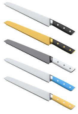 Şefin mutfak bıçağı beyaz arka planda izole edilmiş ahşap saplı. 3 boyutlu ekmek bıçağı ya da profesyonel mutfak aletleri.