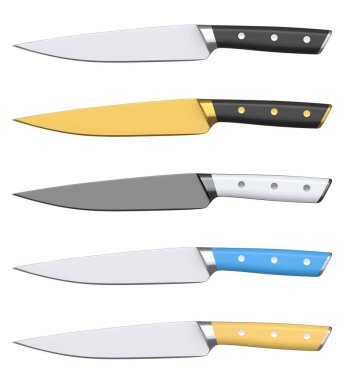 Şefin mutfak bıçağı beyaz arka planda izole edilmiş ahşap saplı. 3 boyutlu kasap bıçağı ya da profesyonel mutfak aletleri.