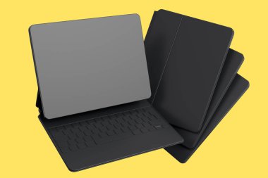 Klavyeli ve boş ekranlı bilgisayar tabletleri sarı monokrom arka planda izole edilmiş. Yaratıcı tasarım ekipmanı ve kompakt çalışma alanı üç boyutlu oluşturma kavramı