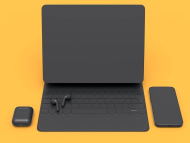 Sarı tek renkli arka planda cep telefonu kulaklığı olan alüminyum dizüstü bilgisayar. Yaratıcı tasarım ekipmanı ve kompakt çalışma alanı üç boyutlu oluşturma kavramı