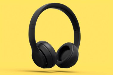 Sarı tek renkli arka planda izole edilmiş profesyonel oyun kulaklıkları. 3D kulaklık ve müzik ekipmanı tasarımı