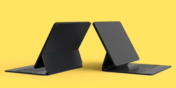 Set of computer tablets with keyboard and blank screen isolated on yellow monochrome background. 3D rendering concept of creative designer equipment and compact workspace
