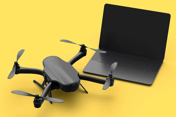 stock image Top view of designer workspace and photography gear like laptop and drone on yellow monochrome background. 3d render of accessories for drawing, sketching and photography tools