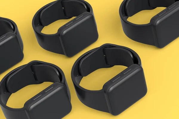 Makieta Inteligentnych Zegarków Żółtym Tle Monochromatycznym Wzór Koncepcyjny Renderowania Noszenia — Zdjęcie stockowe