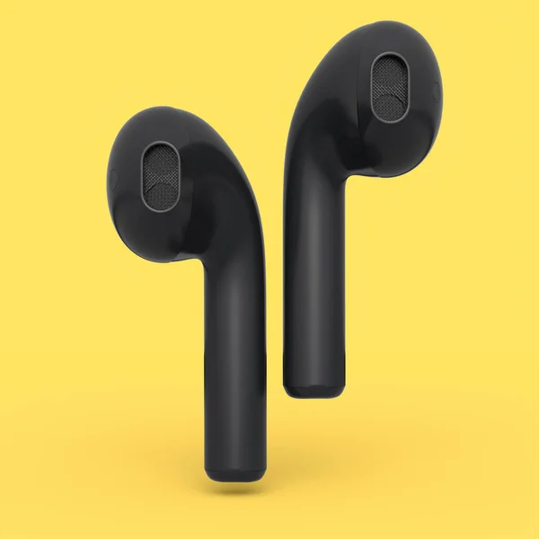 在黄色单色背景下隔离的无线蓝牙耳机 3D渲染配件 用于听音乐或远离家乡的作品 — 图库照片