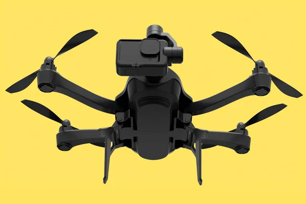 Flying photo and video drone or quadcopter with action camera isolated on yellow monochrome background. 3D render of device for delivery or aerial photography