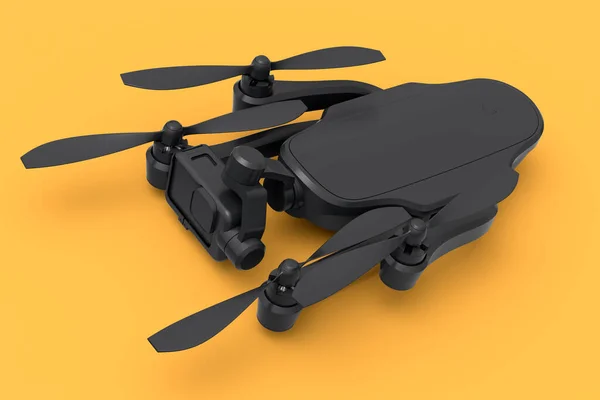 Flying photo and video drone or quadcopter with action camera isolated on orange monochrome background. 3D render of device for delivery or aerial photography
