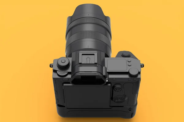 不存在的银Dslr相机的概念与宏观透镜分离的橙色单色背景 现场摄影用专业摄影器材的三维渲染及图解 — 图库照片