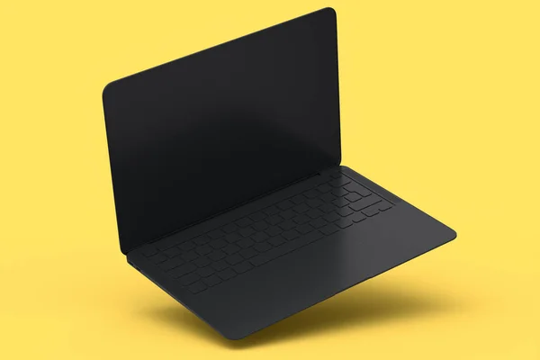 Realistyczny Aluminiowy Laptop Pustym Ekranem Izolowany Żółtym Monochromatycznym Tle Renderowanie — Zdjęcie stockowe