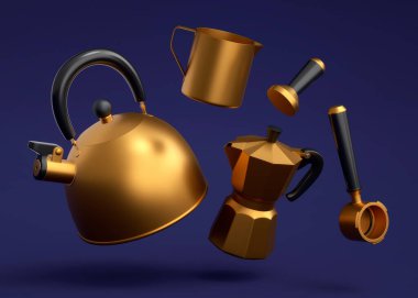 Espresso coffee machine with horn, kettle and geyser coffee maker for preparing breakfast on blue background. 3d render of coffee pot for making latte coffee