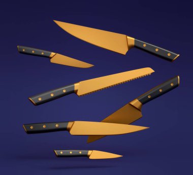 Mavi arka planda ahşap saplı, şefin mutfak bıçakları. 3 boyutlu kasap bıçağı ya da profesyonel mutfak aletleri.