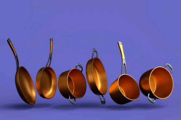 Set Flying Stainless Steel Stewpot Frying Pan Chrome Plated Aluminum — Foto Stock