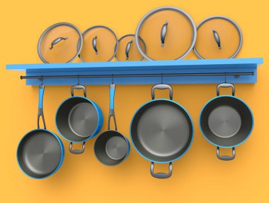 Paslanmaz çelik güveç seti, kızartma tavası ve krom kaplama alüminyum tencere kapağı turuncu arka planda rafta asılı. Yapışmayan mutfak gereçlerinin 3D görüntüsü