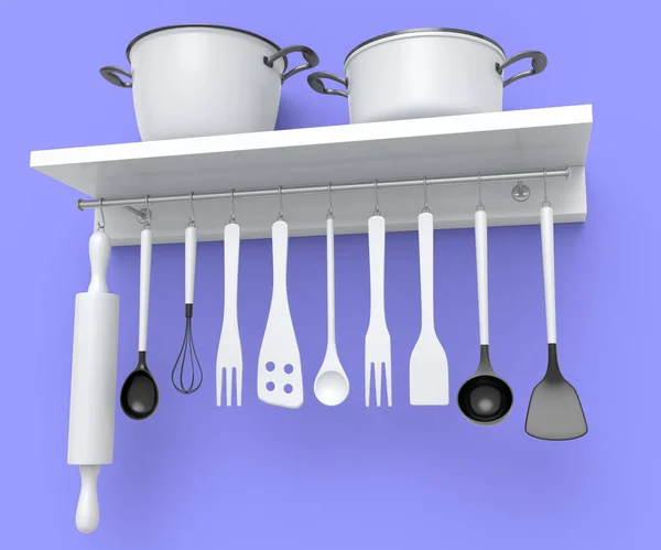 キッチン用品 シチューポット フライパンとクロムメッキ調理器具のセットは 紫色の背景に棚にぶら下がっている 3Dレンダリング調理プロセスステップごとにステップと調理 ブレンドと混合のためのアクセサリー — ストック写真