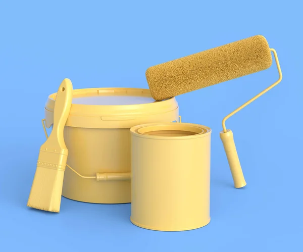 Set Metal Plastic Buckets Paint Roller Brush Painting Walls Monochrome — Stockfoto