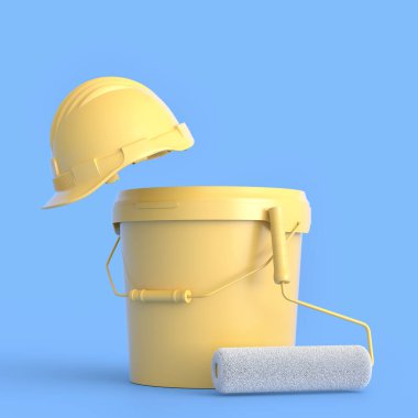 Set of safety helmet, bucket with paint rollers and brushes for painting walls on monochrome background. 3d render of renovation apartment concept and interior design