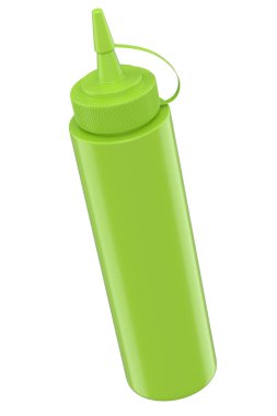 Beyaz arka planda izole edilmiş plastik İtalyan salsa sosu şişesi. Tavuk nugget ve patates dilimleri için 3 boyutlu sos.