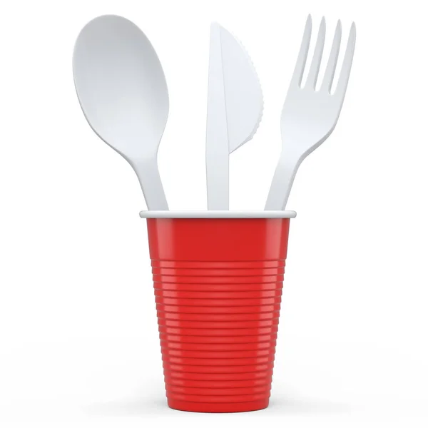 Set Disposable Utensils Spoon Fork Knife Cup White Background Render — Stock fotografie