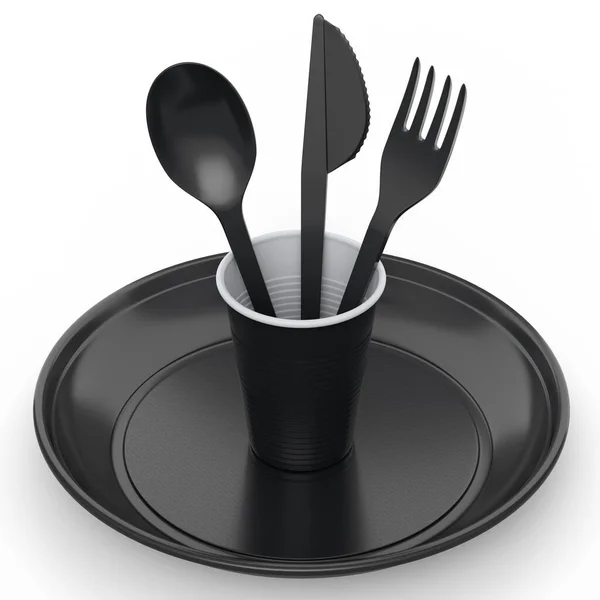 Set Disposable Utensils Plate Folk Spoon Knife Cup White Background — Fotografia de Stock