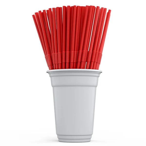 Plastic Disposable Party Cup Coffee Fresh Heap Straw White Background — Foto de Stock