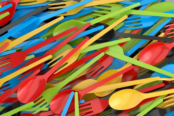 Heap Disposable Utensils Spoon Fork Knife White Background Render Concept — Stockfoto