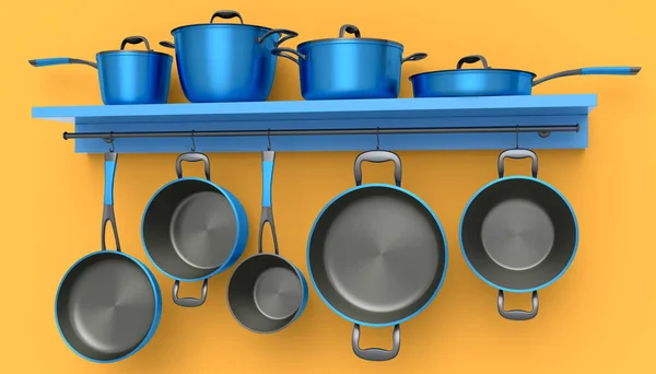 一套不锈钢炖锅 油锅和镀铬铝炊具 玻璃罩挂在架子上的橙色背景 不粘贴厨房用具3D渲染 — 图库照片