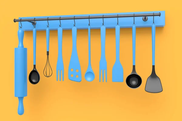 Комплект Кухонной Утвари Приготовления Теста Висит Полке Оранжевом Фоне Визуализации — стоковое фото