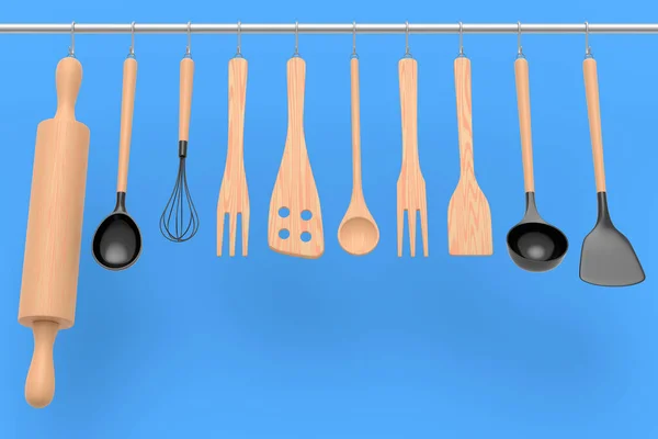 Набір Кухонного Посуду Приготування Тіста Звисає Полиці Синьому Фоні Тривимірний — стокове фото