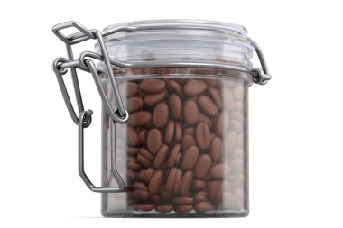 Glass jar with coffee beans isolated on white background. 3D render coffee making concept and natural farm coffee