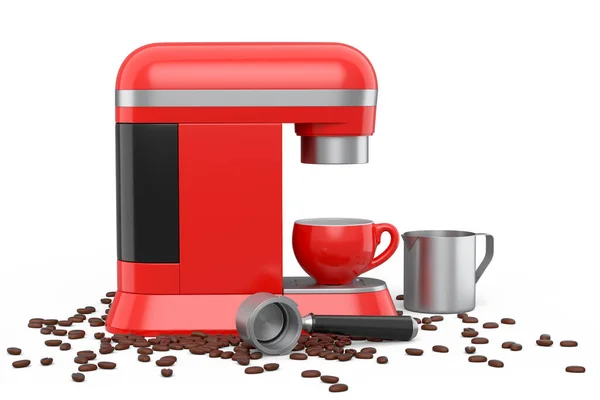 Espresso Coffee Machine Steel Milk Frothing Pitcher Ceramic Coffee Cup — Zdjęcie stockowe