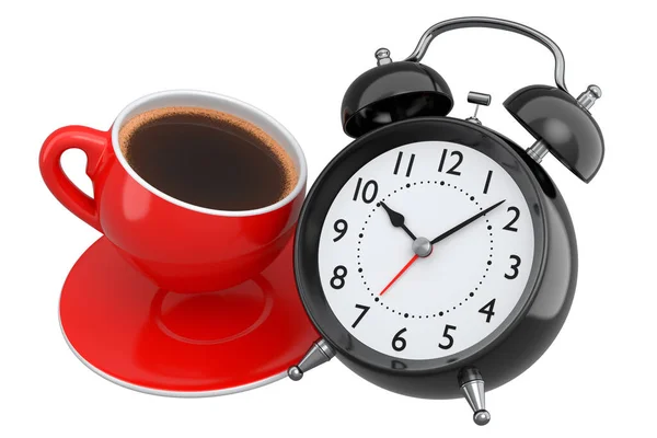 Relógio Despertador Vintage Com Xícara Café Cerâmico Fundo Branco Renderizar — Fotografia de Stock