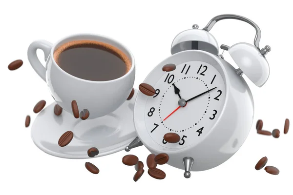 stock image Vintage alarm clock with ceramic coffee cup on white background. 3d render concept of wake up time morning and hurry up, sales promotion period for online shopping