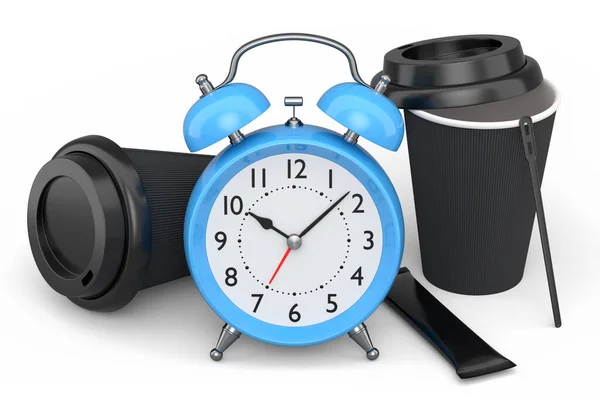 Vintage Alarm Clock Paper Coffee Cup White Background Render Concept — Stock fotografie