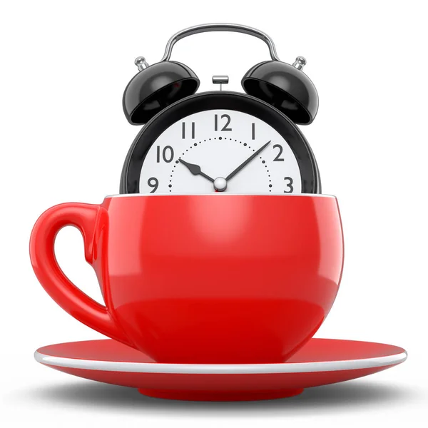 Vintage Alarm Clock Ceramic Coffee Cup White Background Render Concept — Fotografia de Stock