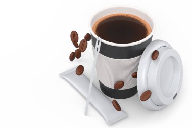 Paper coffee cup with cover, sugar, coffee bean and stick for cappuccino, americano, espresso, latte, cocoa on blue background. 3d render of concept takeaway food and drink in recycling packaging