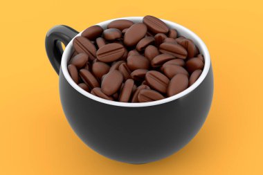 Ceramic coffee cup with coffee beans for cappuccino, americano, espresso, mocha, latte, cocoa on yellow background. 3d render of concept takeaway food and drink in recycling packaging and donut