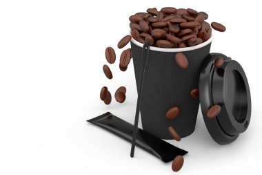 Paper coffee cup with cover, sugar, coffee bean and stick for cappuccino, americano, espresso, latte, cocoa on white background. 3d render of concept takeaway food and drink in recycling packaging