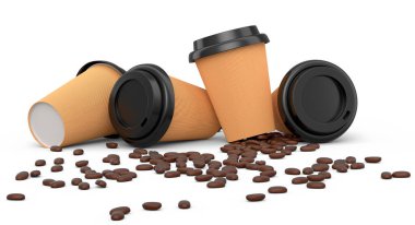 Set of paper coffee cup with coffee bean for cappuccino, americano, espresso, latte, cocoa on white background. 3d render of concept takeaway food and drink in recycling packaging