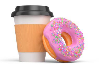 Cappuccino, americano, espresso, mocha, latte, beyaz arka planda donutlu kakao için kapuçino kaplı kağıt kahve fincanı. Geri dönüşüm ambalajı ve çöreğinde 3D konsept paket ve içecek.