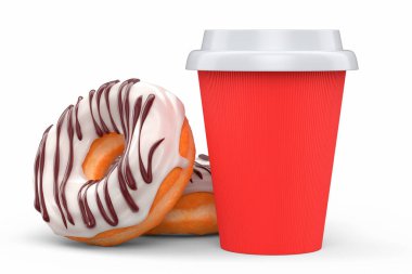 Cappuccino, americano, espresso, mocha, latte, beyaz arka planda donutlu kakao için kapuçino kaplı kağıt kahve fincanı. Geri dönüşüm ambalajı ve çöreğinde 3D konsept paket ve içecek.
