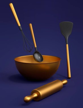 Mavi arka planda hamur hazırlamak için mutfak gereçleri ile metal kase. Aşçılık, harmanlama ve karıştırma için 3D pişirme süreci adım adım ve aksesuarları