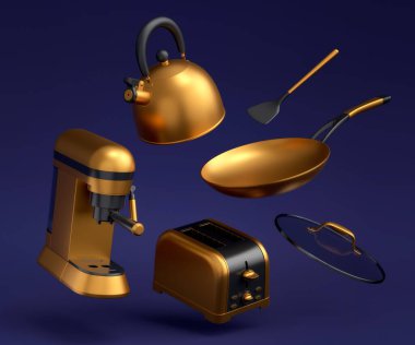 Espresso kahve makinesi, el mikseri, çaydanlık ve tost makinesi mavi arka planda kahvaltı hazırlamak için. Kahve yapmak için 3D kahve demliği.